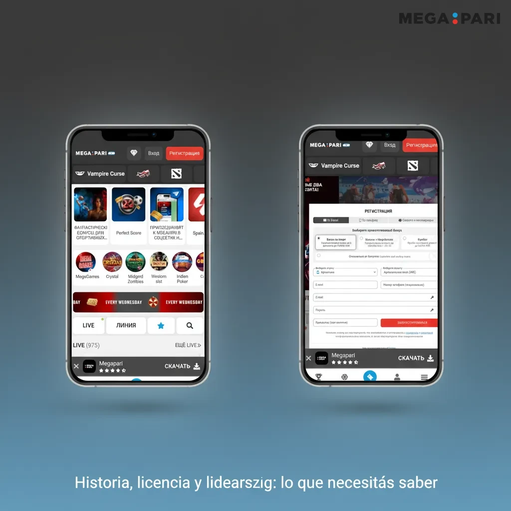 Banner de MegaPari: historia, licencia Curaçao eGaming, liderazgo, pagos eficientes y soporte en español.