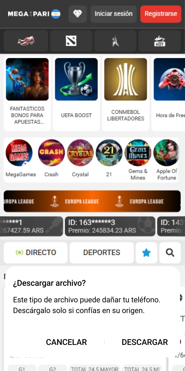 Descargá el archivo APK para completar la actualización de MegaPari App.