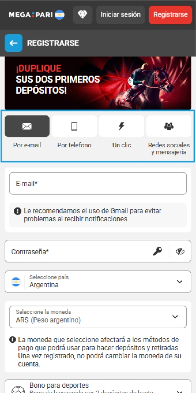 Iniciá el Registro de tu cuenta nueva en la MegaPari App.