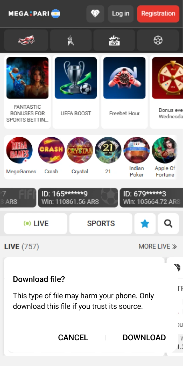 Confirm the file download on your phone to start the MegaPari App installation process.