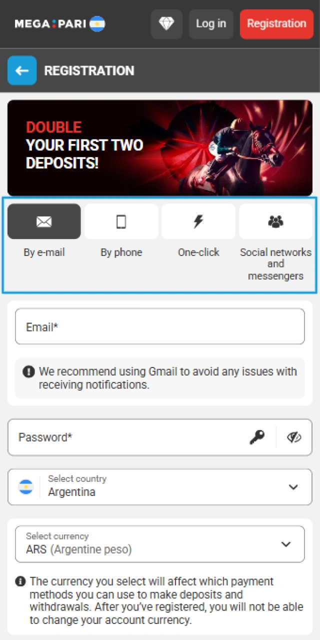 Select one of the available registration methods like one-click or phone in the MegaPari app.