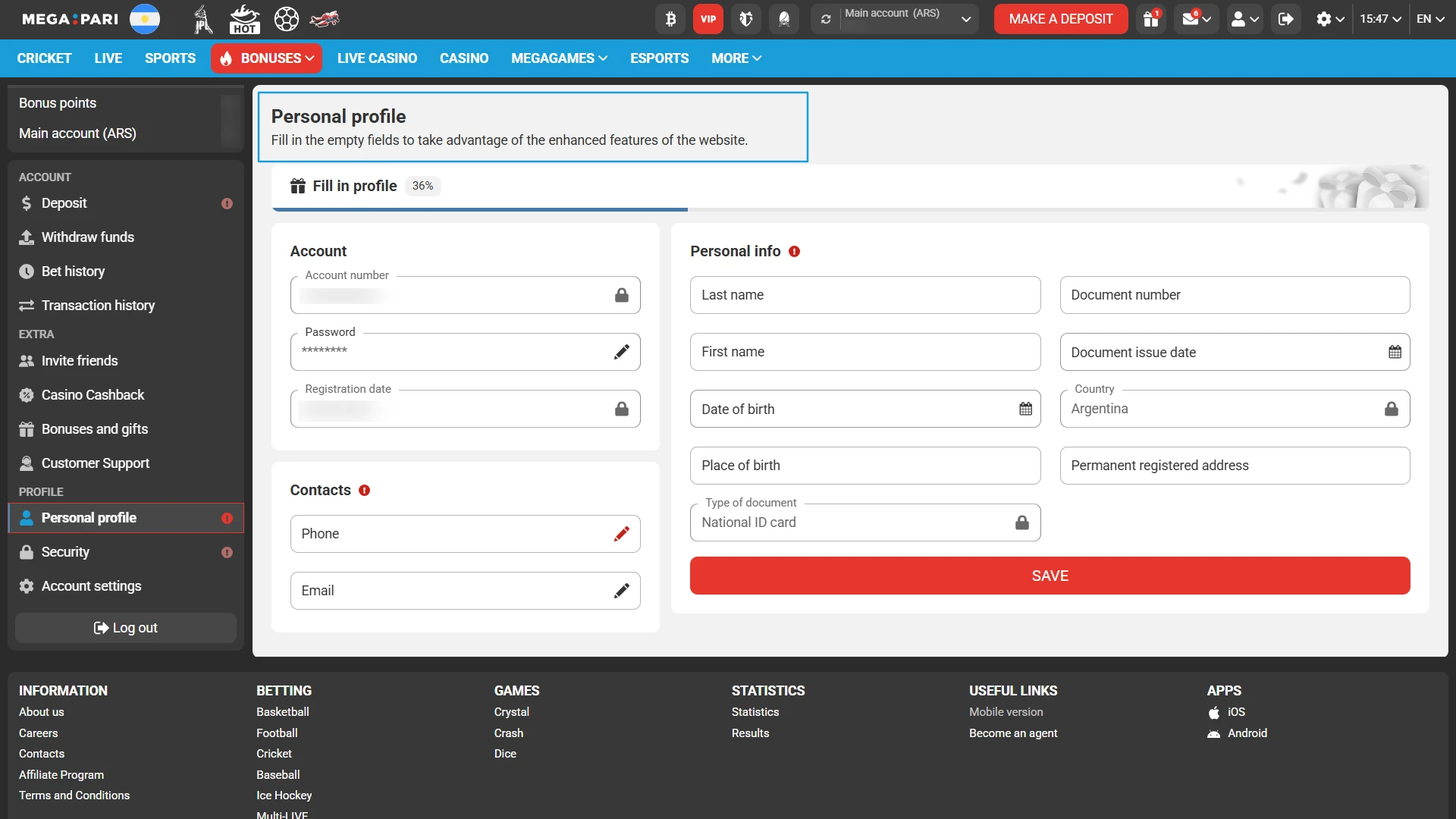 Sign in to your MegaPari account to access the identity verification menu.