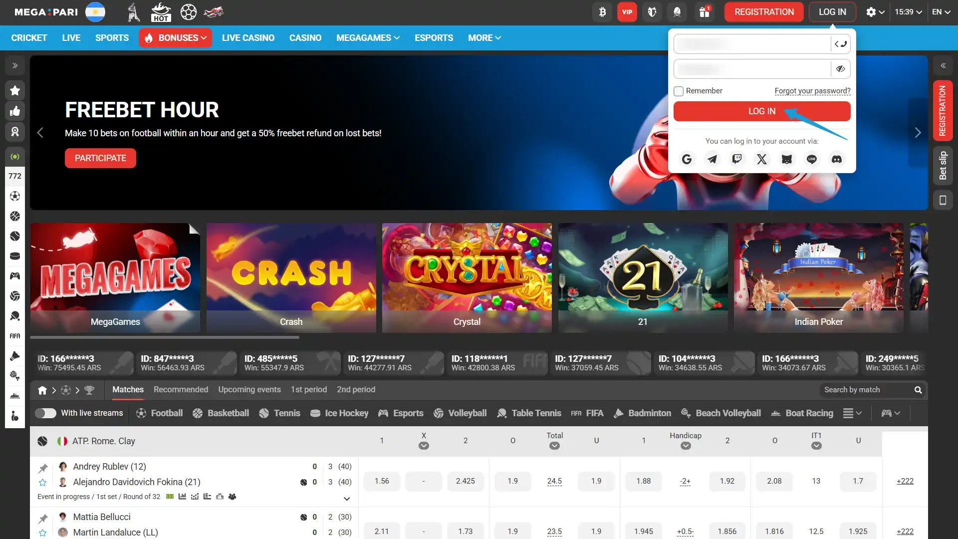 Log in and fund your account to start playing at MegaPari casino today.