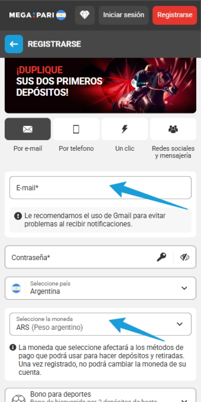 Ingresá tus datos personales durante el Registro en MegaPari ahora.